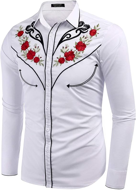 Men's Long Sleeve Cowboy Rose Embroidered Shirt - White