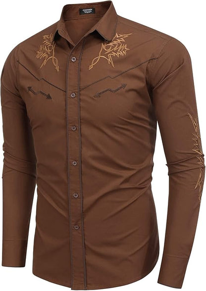 Men's Western Cowboy Shirt Long Sleeve Embroidered Shirt-White