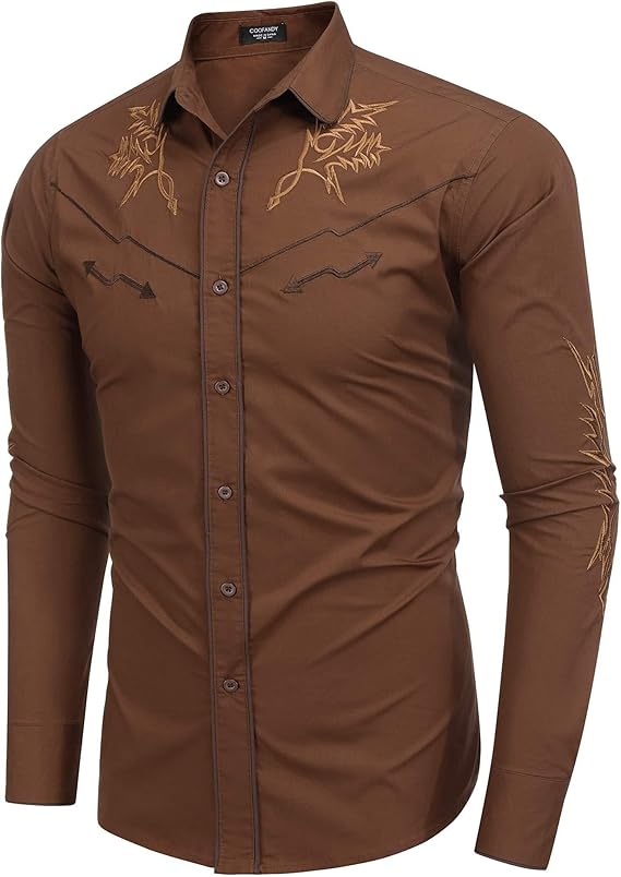 Men's Western Cowboy Shirt Long Sleeve Embroidered Shirt-Black