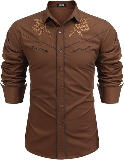 Men's Western Cowboy Shirt Long Sleeve Embroidered Shirt-White