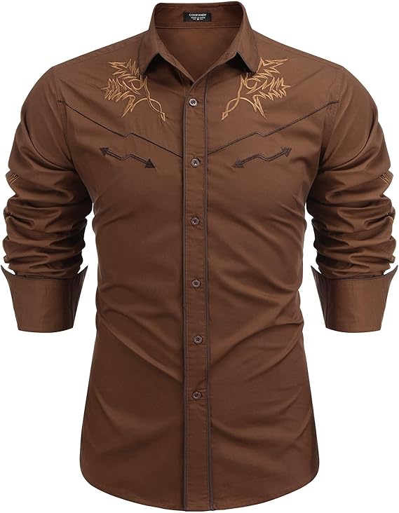 Men's Western Cowboy Shirt Long Sleeve Embroidered Shirt-Light Brown