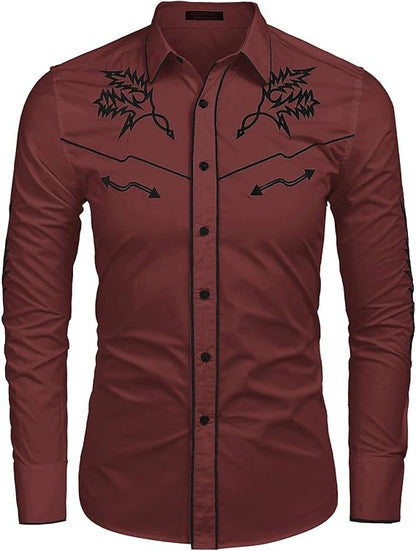 Men's Western Cowboy Shirt Long Sleeve Embroidered Shirt-White