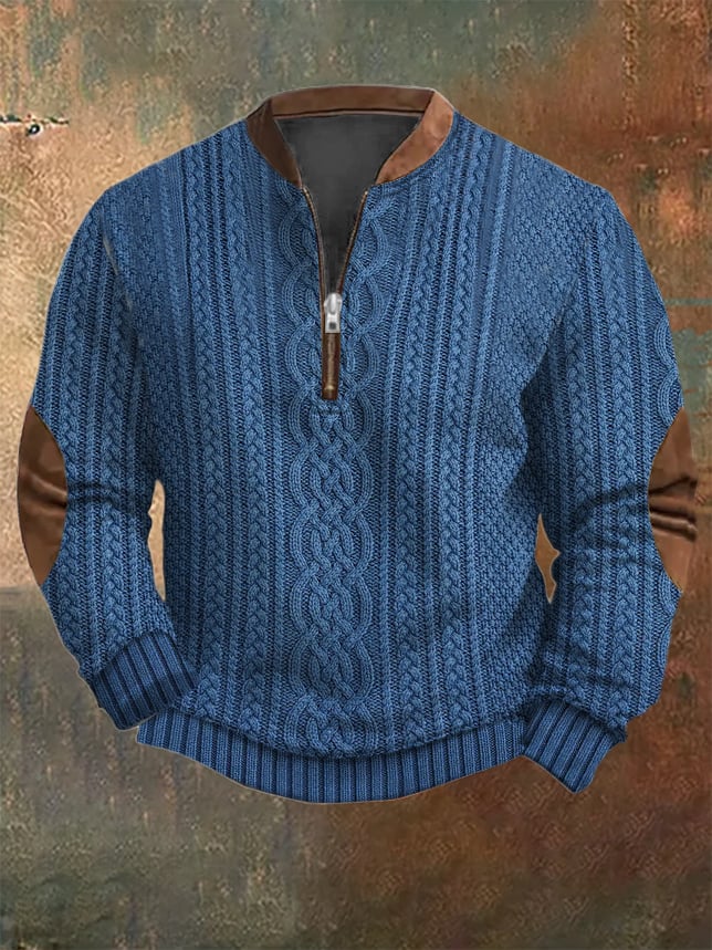 Men's Western Vintage Knitted Patchwork Printed Zip Collar Sweatshirt