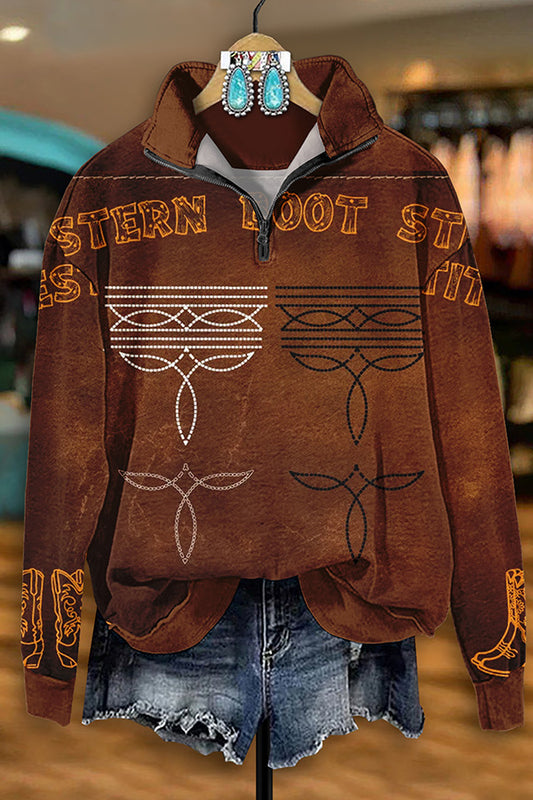 Vintage Western Boots Stitched Zip-Up Sweatshirt