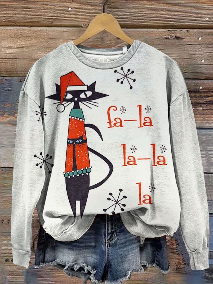 Vintage Christmas Funny Cat Art Print Casual Sweatshirt