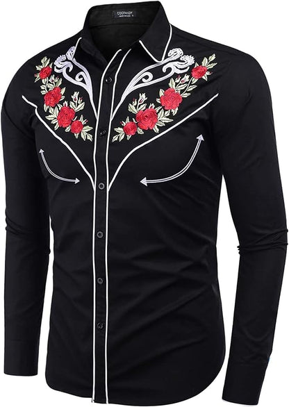 Men's Long Sleeve Cowboy Rose Embroidered Shirt - White