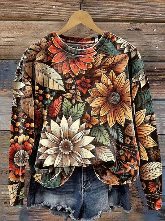 Vintage Flower Art Print Casual Sweatshirt