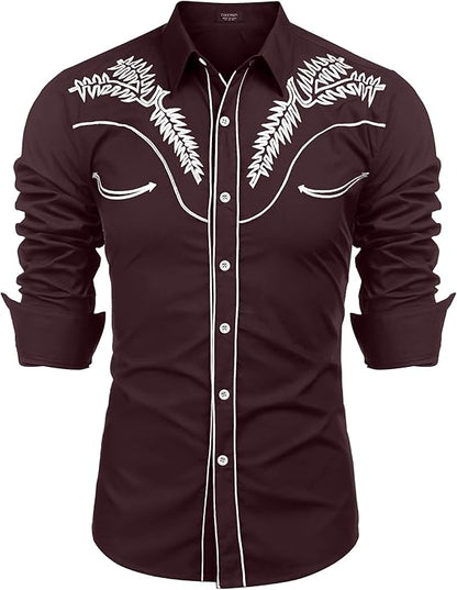 Men's Long Sleeve Slim Fit Embroideres Western Shirts