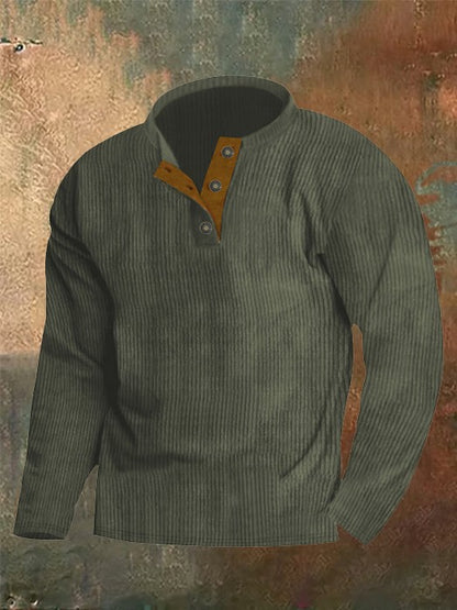 Solid Corduroy Stitching Button Up Round Neck Sweatshirt