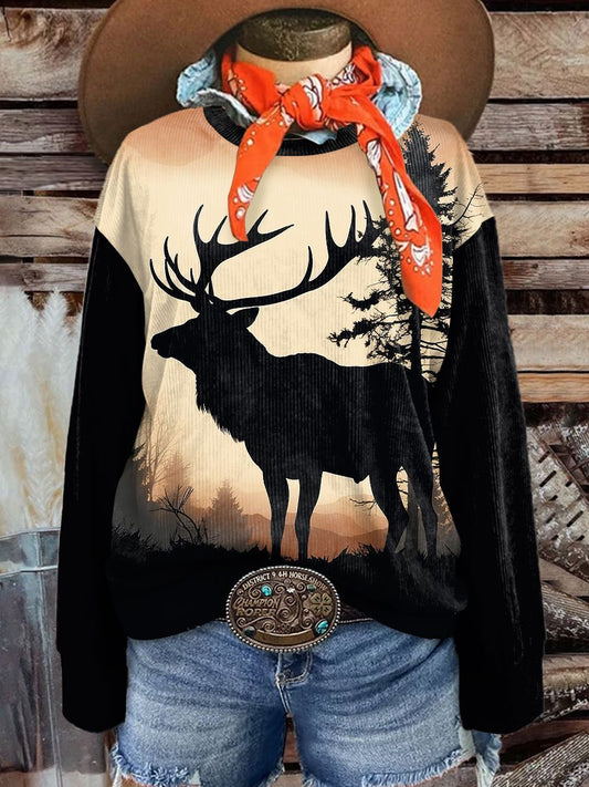 Women's Vintage Elk Art Casual Print Corduroy Sweatshirt