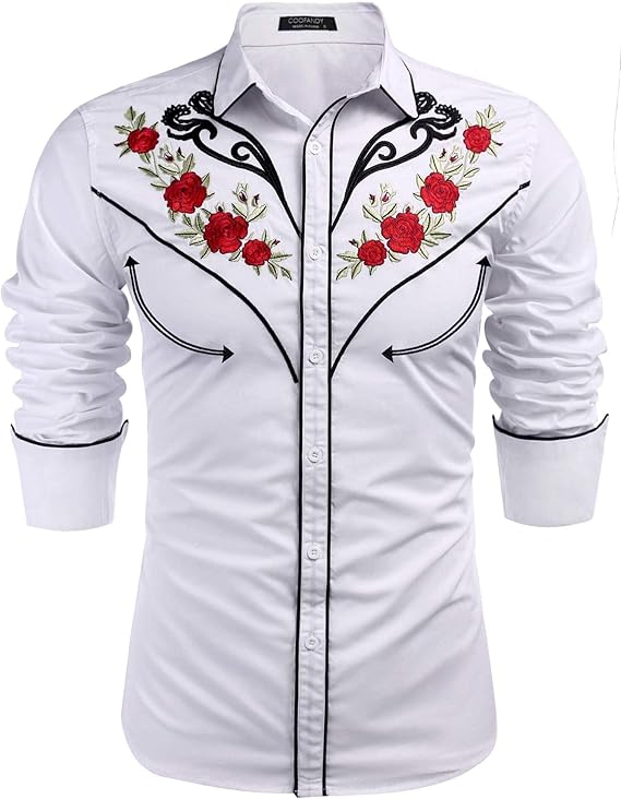 Men's Long Sleeve Cowboy Rose Embroidered Shirt - White