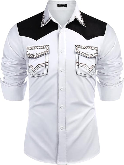 Men's Western Long Sleeve Cowboy Shirt-White