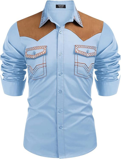 Men's Western Long Sleeve Cowboy Shirt-Grey