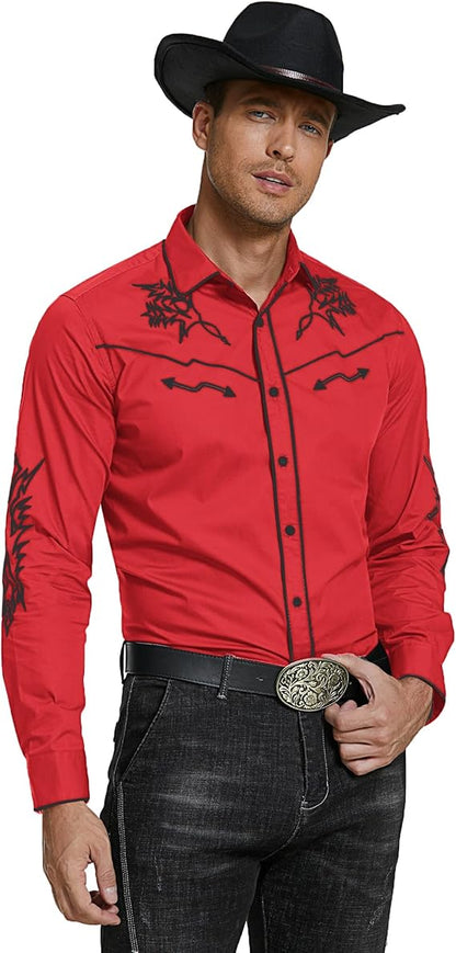 Men's Western Cowboy Shirt Long Sleeve Embroidered Shirt-White