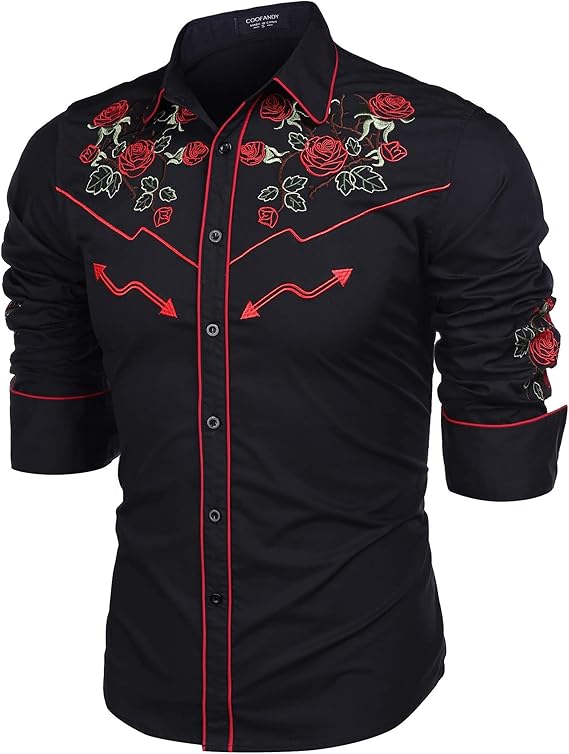 Men's Long Sleeve Cowboy Rose Embroidered Shirt