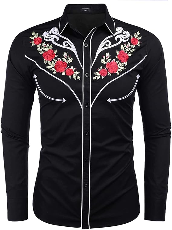 Men's Long Sleeve Cowboy Rose Embroidered Shirt - White