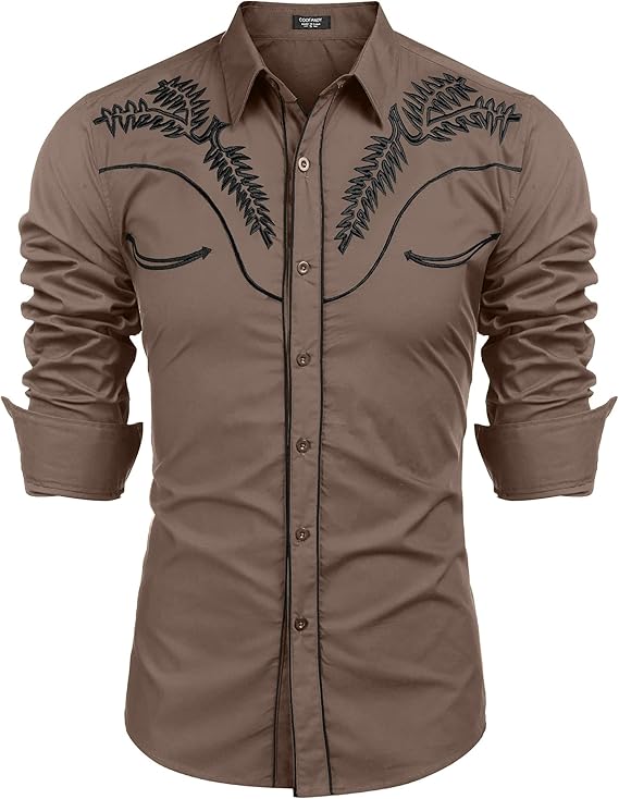 Men's Western Shirts Long Sleeve Slim Fit Embroideres Shirt-Khaki