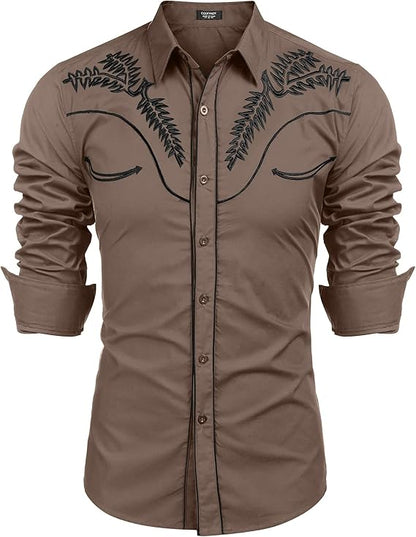 Men's Western Shirts Long Sleeve Slim Fit Embroideres Shirt-Khaki