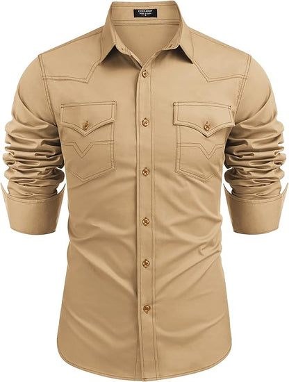 Men's Western Cowboy Shirts Long Sleeve Cotton Casual Shirt-Khaki