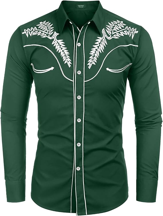 Men's Western Shirts Long Sleeve Slim Fit Embroideres Shirt-Green