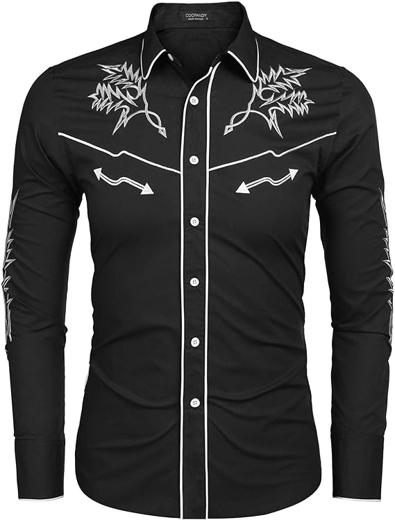 Men's Western Cowboy Shirt Long Sleeve Embroidered Shirt-White