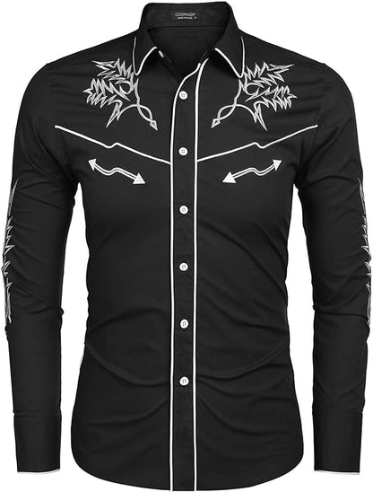 Men's Western Cowboy Shirt Long Sleeve Embroidered Shirt-White