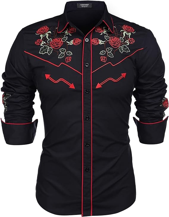 Men's Long Sleeve Cowboy Rose Embroidered Shirt