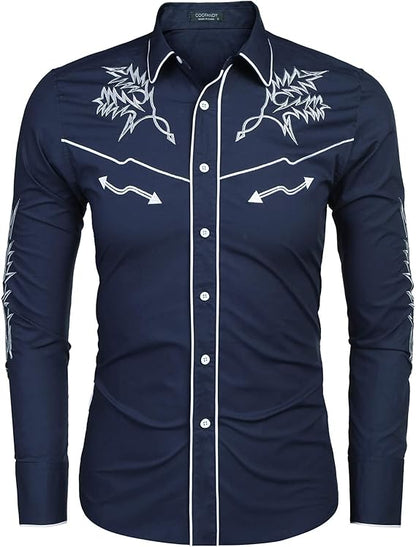 Men's Western Cowboy Shirt Long Sleeve Embroidered Shirt-White