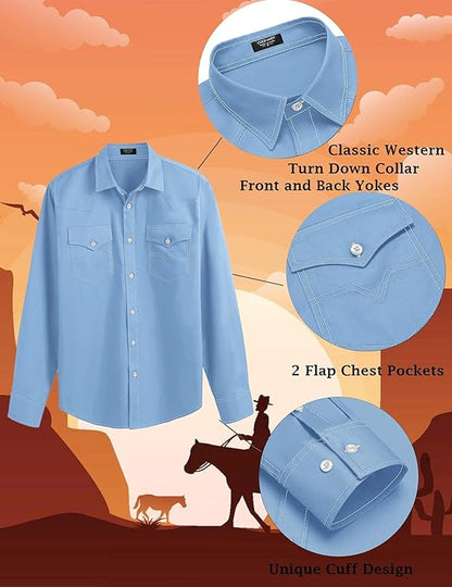 Men's Western Cowboy Shirts Long Sleeve Cotton Casual Shirt-Blue