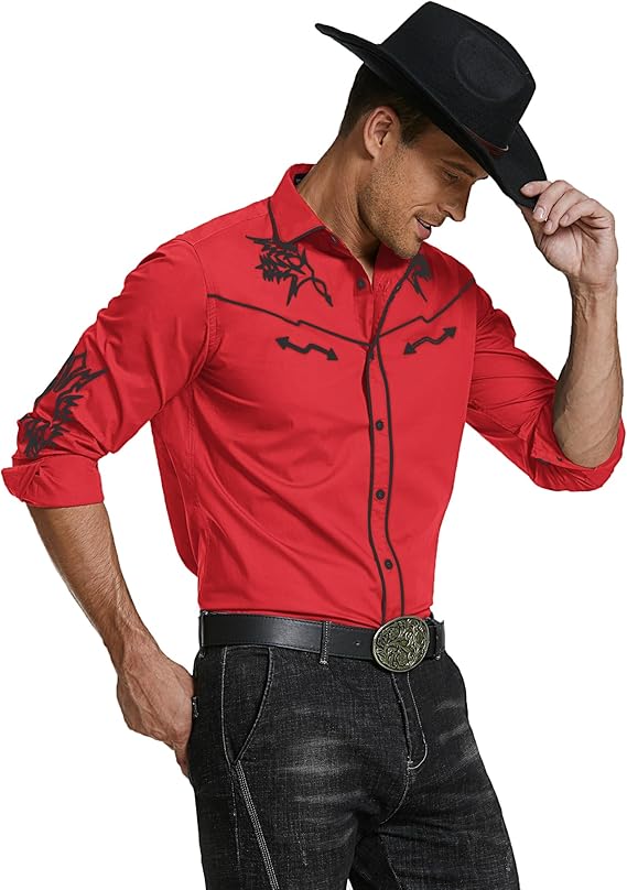 Men's Western Cowboy Shirt Long Sleeve Embroidered Shirt-White