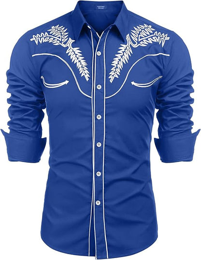 Men's Long Sleeve Embroideres Western Shirts-Navy