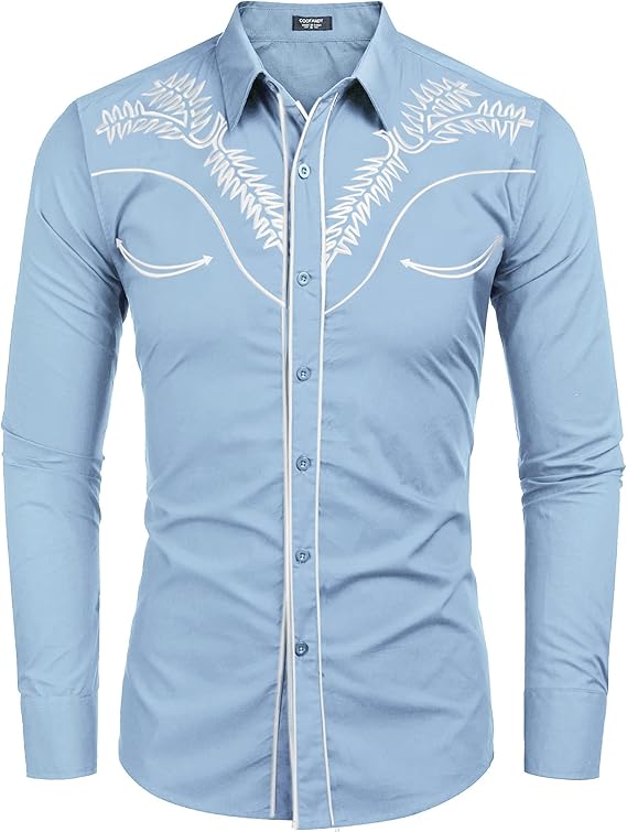 Men's Western Shirts Long Sleeve Slim Fit Embroideres Shirt-Blue