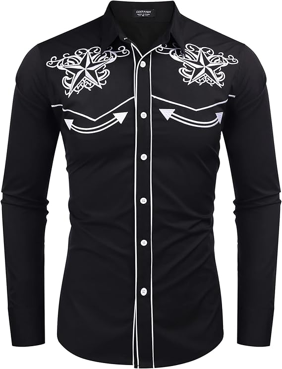 Men's Long Sleeve Embroideres Western Shirts-Black