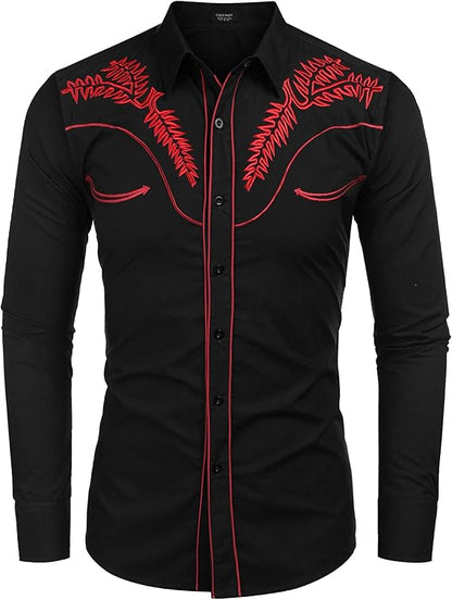 Men's Western Shirts Long Sleeve Slim Fit Embroideres Casual Shirt