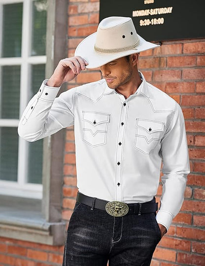 Men's Western Cowboy Shirts Long Sleeve Cotton Casual Shirt-Navy Blue