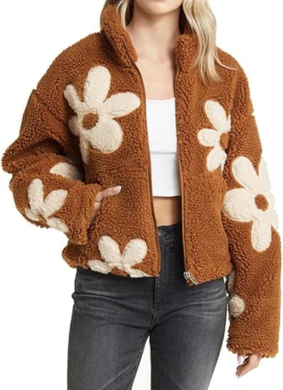 Zipper Lapel Plush Flower Jacket