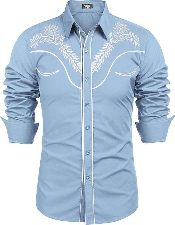 Men's Western Shirts Long Sleeve Slim Fit Embroideres Shirt-Blue