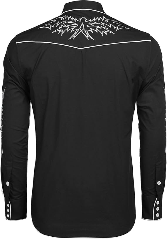 Men's Western Cowboy Shirt Long Sleeve Embroidered Shirt-Black