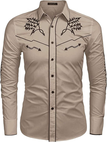 Men's Western Cowboy Shirt Long Sleeve Embroidered Shirt-White