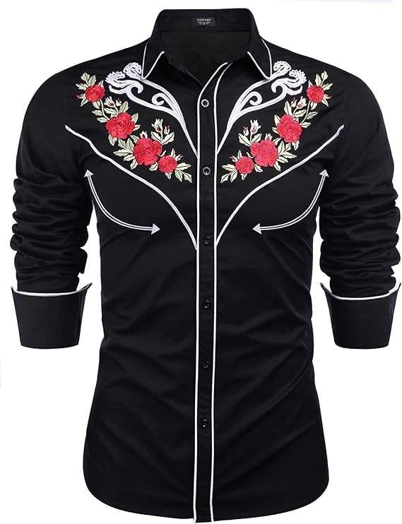 Men's Long Sleeve Cowboy Rose Embroidered Shirt - White