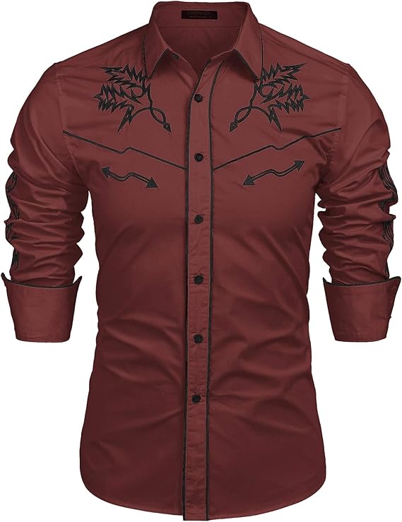 Men's Western Cowboy Shirt Long Sleeve Embroidered Shirt-White