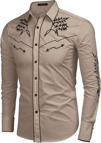 Men's Western Cowboy Shirt Long Sleeve Embroidered Shirt-White