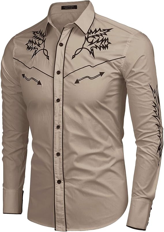 Men's Western Cowboy Shirt Long Sleeve Embroidered Shirt-Light Brown