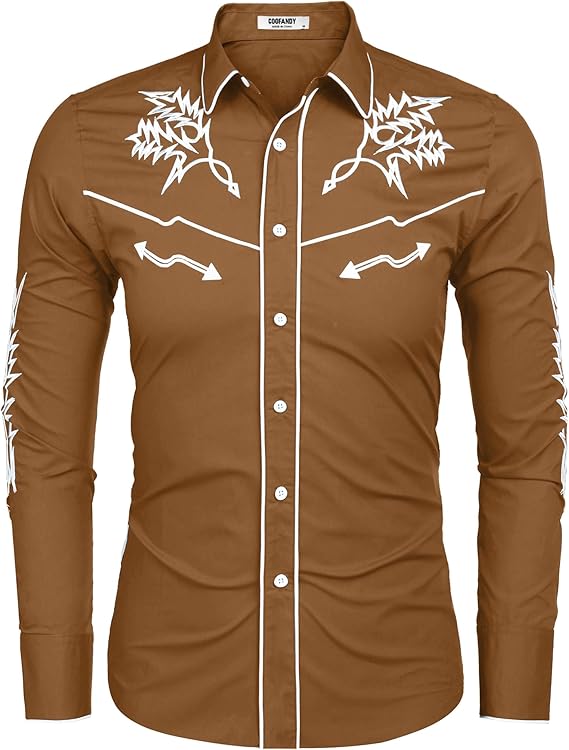 Men's Western Cowboy Shirt Long Sleeve Embroidered Shirt-White