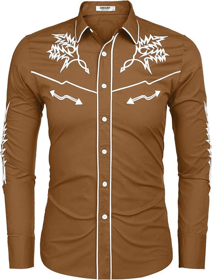 Men's Western Cowboy Shirt Long Sleeve Embroidered Shirt-Black