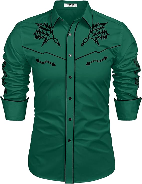 Men's Western Cowboy Shirt Long Sleeve Embroidered Shirt-Black