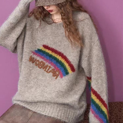 Rainbow Embroidery Loose Round Neck Knitted Sweater