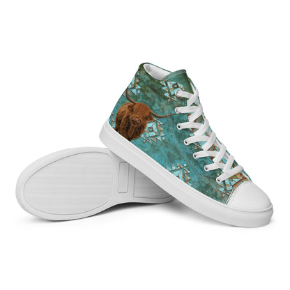 Turquoise Highland Cow Women__ high top canvas shoes