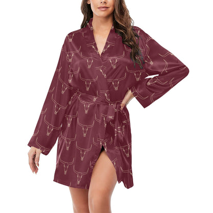 Burgandy Longhorn Women's Belted Satin Feel Dressing Lounge Robe