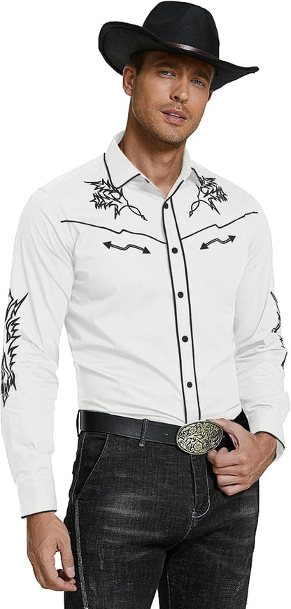 Men's Western Cowboy Shirt Long Sleeve Embroidered Shirt-White